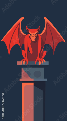 Vector Illustration of a Gargoyle on Pedestal with Red Wings in Gothic Style