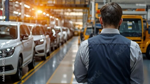 Wallpaper Mural Automotive Assembly Line: A worker oversees a row of newly assembled automobiles on a vibrant production line, illustrating precision, quality control, and industrial advancement Torontodigital.ca