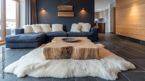 Modern living room, mountain view, cozy design, sheepskin rug