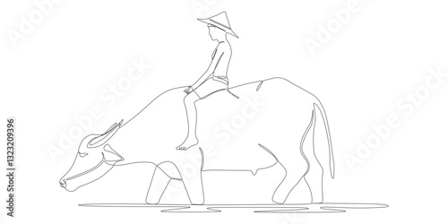Traditional Farmer Riding a Water Buffalo — Minimalist Line Art Illustration