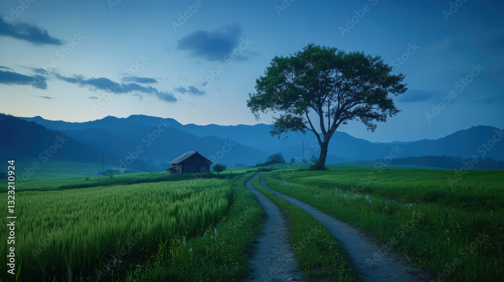 Lush green tree standing tall in open field with a clear blue sky creating surreal atmosphere in minimalist scene Lush green tree standing tall in open field with a clear blue sky creating surreal atmosphere in minimalist scene