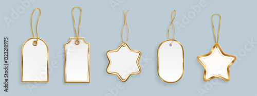 Paper price tags with golden frame set isolated on background. Vector realistic illustration of blank white oval, star shape badges hanging on string, sale or discount offer icon, gift card mockup