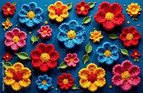 Vibrant Spring  crochet Flowers on a Dark Background – Colorful Macro Bouquet