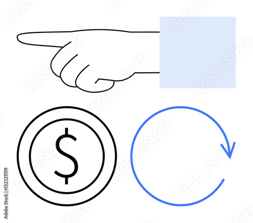 Outstretched hand pointing towards dollar icon and a circular arrow denoting workflow. Ideal for finance, payment, direction, currency, decision-making, transaction, process concepts. Flat simple