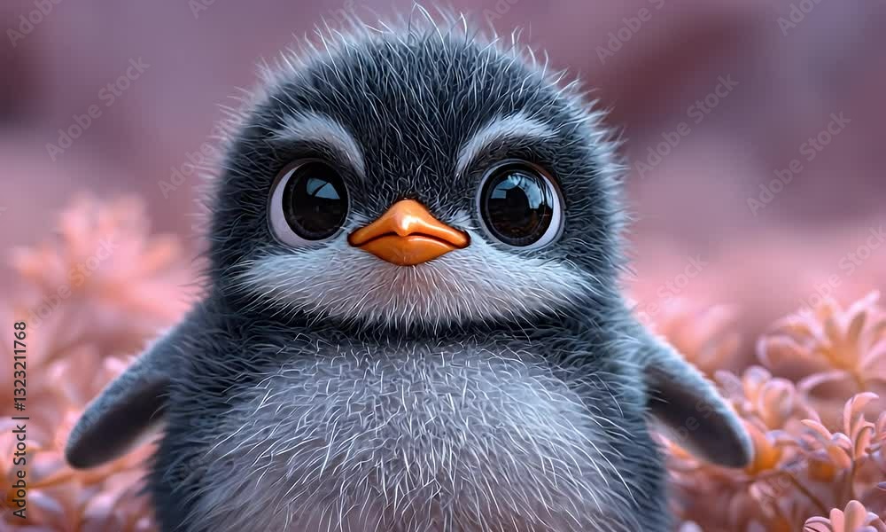 Cute baby penguin amidst pink flowers; digital art, perfect for children's books