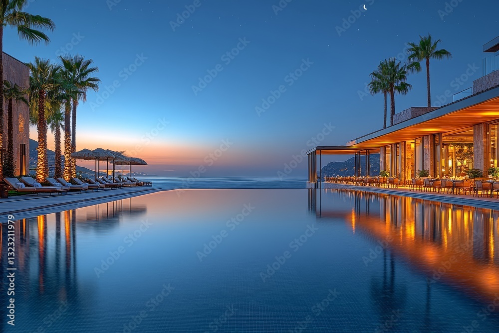 Sunset pool view with palm trees, infinity-edge swimming pool, and sea view, evening lights, crescent moon, and stars. Sunset pool view with palm trees, infinity-edge swimming pool, and sea view, evening lights, crescent moon, and stars.