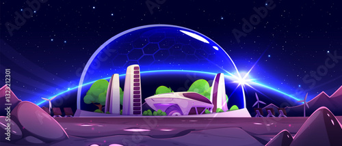 Futuristic mars colony under protective dome - sleek purple buildings, green trees, advanced transport vehicle. Starry night sky backdrop with planet on horizon with blue glow. Rocky purple terrain.