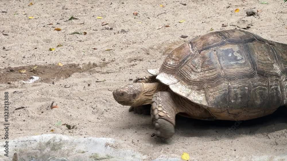 The fully glowing Sulcata turtles are relaxing near the pool in the zoo. The fully glowing Sulcata turtles are relaxing near the pool in the zoo.