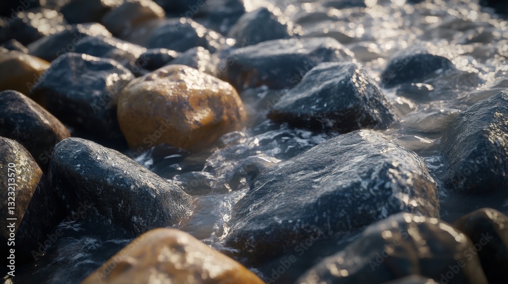 Obraz premium A serene mountain brook with crystalline water cascading over aged rocks, producing delicate white froth surrounded by natural earthy elements