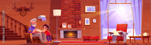 Cozy winter interior home scene with grandfather sit in armchair reading book to boy near fireplace, snowy mountain landscape view from window. Warm living room design, family leisure time together.