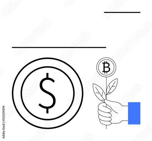 Dollar coin, hand nurturing plant with bitcoin icon, symbolizing finance, investment, savings, cryptocurrency. Ideal for economy, banking, sustainability fintech wealth ecology flat simple