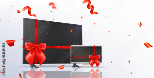 Television monitor set wrapped with red ribbon bows - modern display screens presented as gifts. Holiday special electronics offer visualization. Digital equipment promotion with flying confetti.