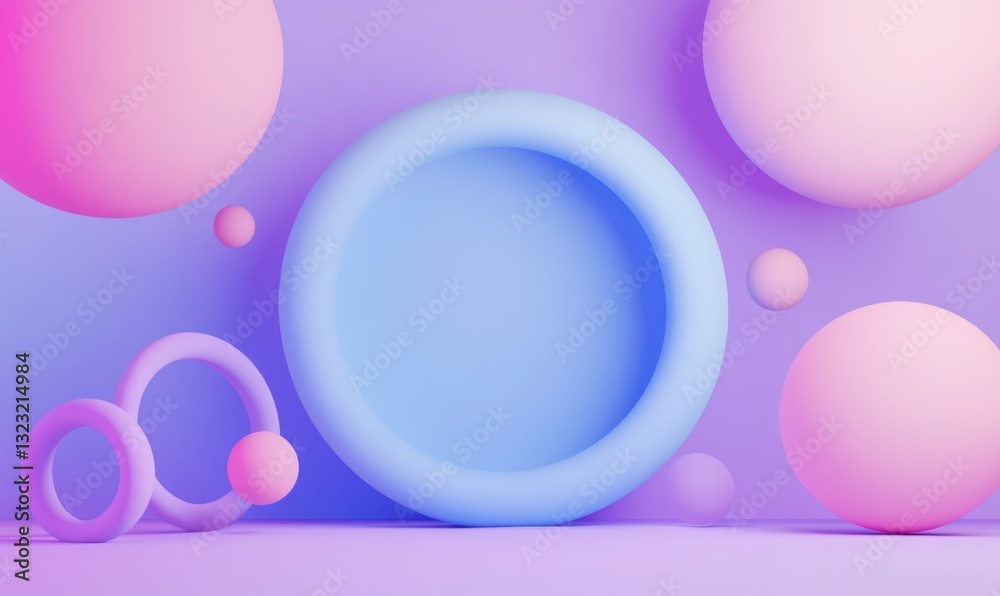 Obraz premium Pastel spheres and rings on purple background.