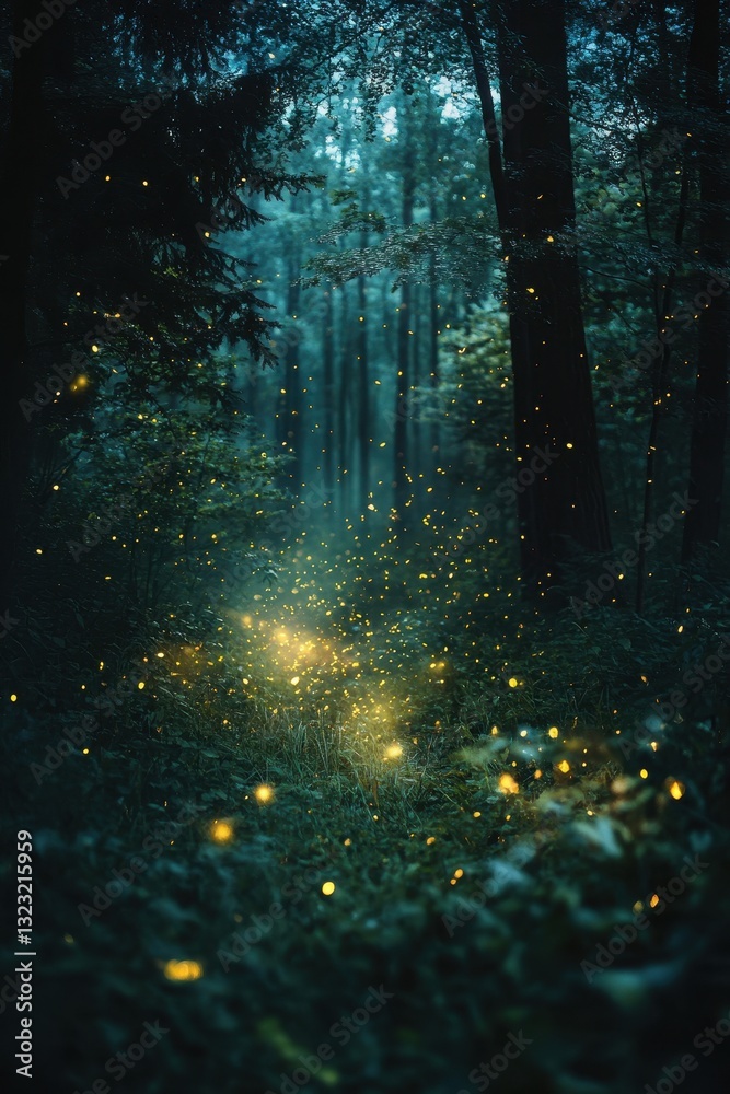 Fototapeta premium A deep forest illuminated by glowing fireflies, exuding a mystical and enchanting atmosphere.