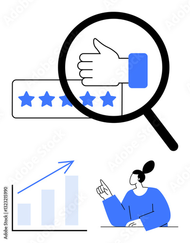 Thumbs up magnified over five-star rating, upward graph with arrow, woman gesturing an idea. Ideal for customer satisfaction, quality analysis, growth, evaluation, feedback, prioritization teamwork