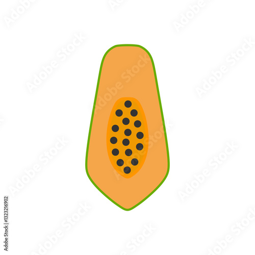 Half Papaya Flat Design Fruit Icon. Minimalist illustration representing a papaya cut in half, showing its orange pulp