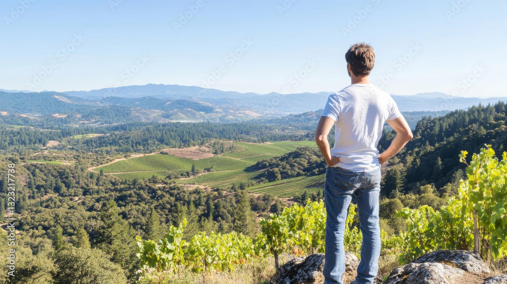 Naklejka premium person gazes at scenic vineyard landscape under clear sky