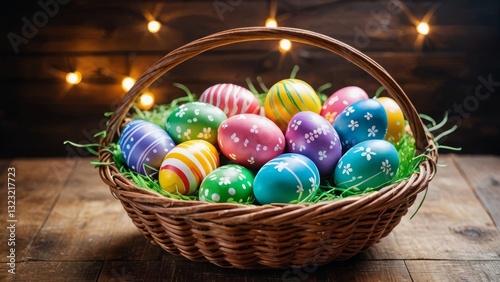 Basket of colorful patterned eggs on a wooden table with string lights, ideal for Easter decor