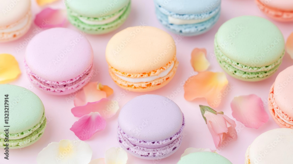 Fototapeta premium Delicious pastel macarons arranged with flower petals, perfect for celebrations