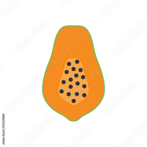 Half Papaya Flat Design Fruit Icon. Minimalist illustration representing a papaya cut in half, showing its orange pulp