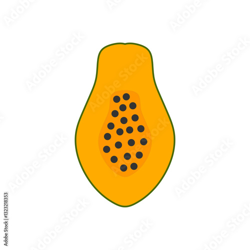 Half Papaya Flat Design Fruit Icon. Minimalist illustration representing a papaya cut in half, showing its orange pulp