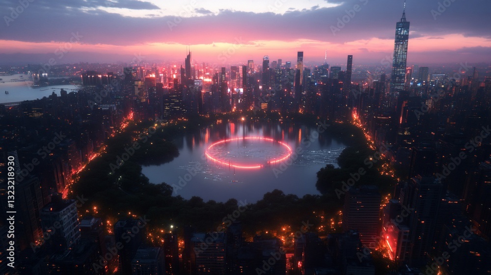 Fototapeta premium Night cityscape, illuminated park, harbor view, sunset