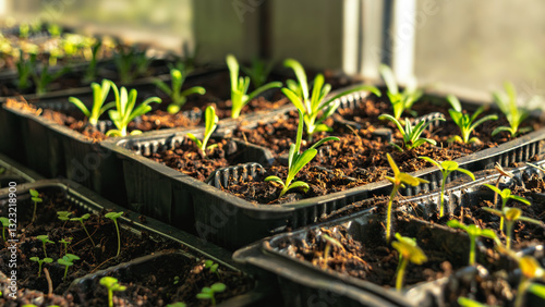 Fotografie Green seedlings in plastic containers placed near sunny window, prepared for transplanting into garden beds in early spring