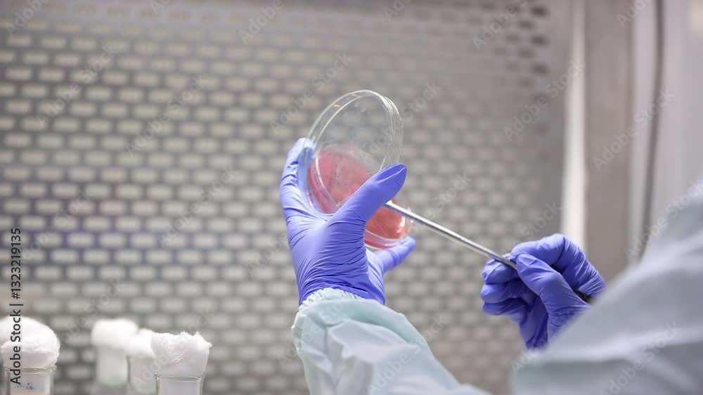 Rajkot, Gujarat, India 03 02 2025: Pharmaceutical syrup, ointment and medicine Manufacturing process cinematic view scientist hand arranging open a beaker and sample of bacteria