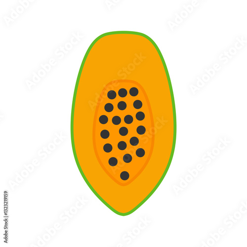 Half Papaya Flat Design Fruit Icon. Minimalist illustration representing a papaya cut in half, showing its orange pulp