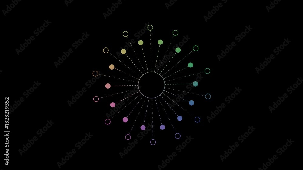 Vibrant circle emitting radiant lines, spreading outward from the center. sunburst bursts with colorful lines radiating from the center in a circular motion alpha channel 