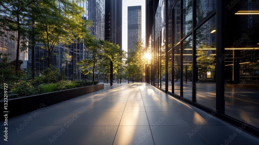 Modern City Street with Towering High Rises at Sunset Modern City Street with Towering High Rises at Sunset