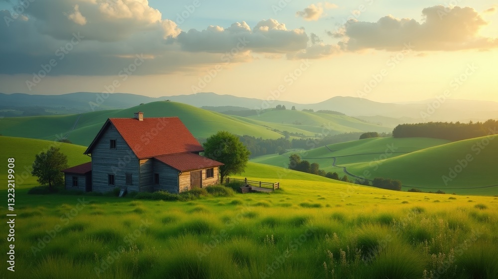 A serene countryside farmhouse nestled among rolling green hills under a soft summer sky, bathed in warm golden light, evoking a sense of peace and nostalgia. A serene countryside farmhouse nestled among rolling green hills under a soft summer sky, bathed in warm golden light, evoking a sense of peace and nostalgia.
