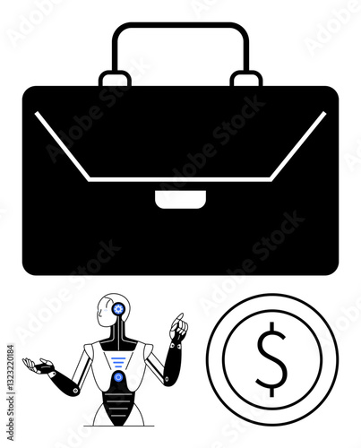 Robot gestures beneath a large briefcase alongside a circular money icon signifying finance, technology, and AI integration. Ideal for automation, innovation, fintech, investment, business
