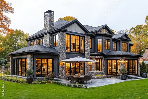  Backyard of gray and white house with stone accents, black steel windows, patio table with umbrella, and lush green grass in Chisholm, Boston area. photo