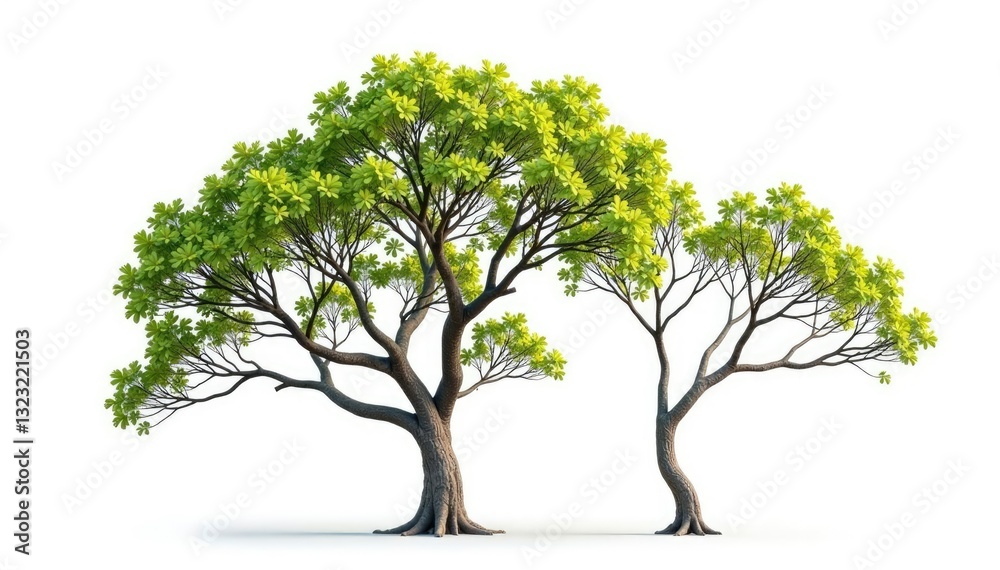 Isolated tree branches on a white background, with some branches leaning and others straight, foliage, landscape Isolated tree branches on a white background, with some branches leaning and others straight, foliage, landscape