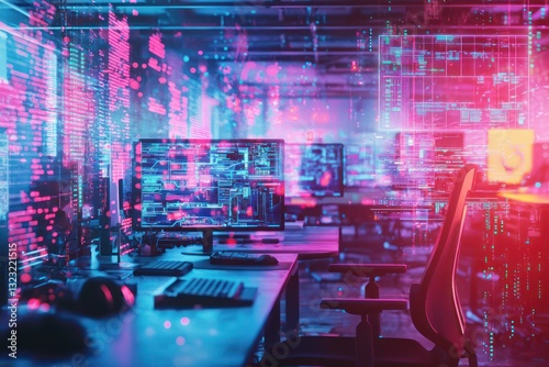 Neon lighting in a cyberpunk office with high-tech workspace and blurred overlays.