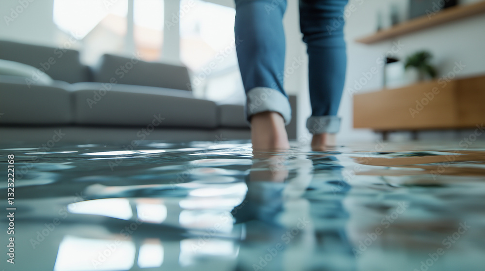 A person standing in water inside a living room with flooded floors, creating a dramatic and alarming atmosphere.
A person standing in water inside a living room with flooded floors, creating a dramatic and alarming atmosphere.