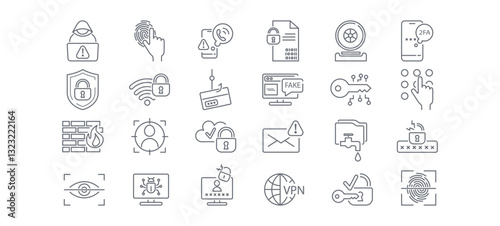 Cyber security line icon set. Data Protection, Encryption, Firewall, Hacking Attack, Phishing, Data Leak, Password, Digital Signature, Camera, Scam Call vector illustration. Editable Strokes