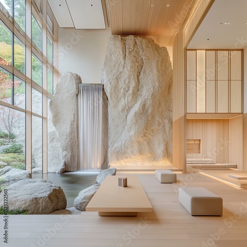 A serene interior featuring natural rock formations, minimalistic design, and abundant light, creating a tranquil environment.