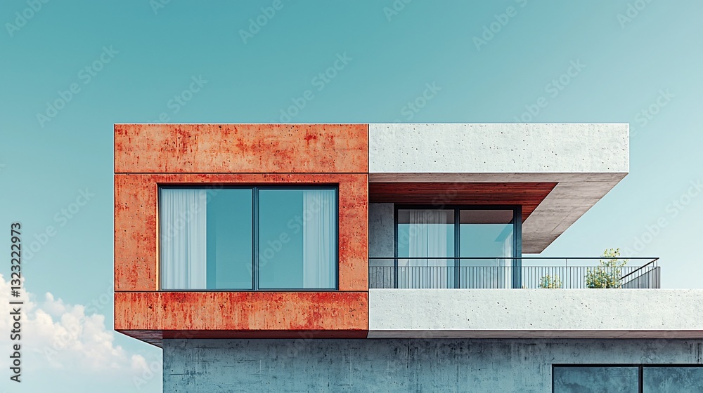 Modern architectural design showcasing a unique two-tone facade with clear skies Modern architectural design showcasing a unique two-tone facade with clear skies
