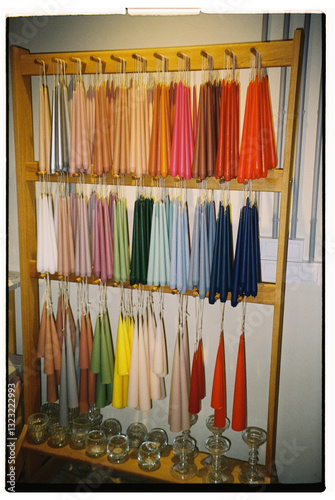 Display of colorful taper candles in a workshop setting photo