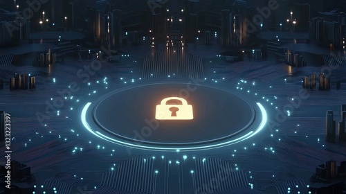 Futuristic digital security network. Innovative technology ensures protection and secure data encryption. Glowing blue cybersecurity circuit offers modern design and connectivity. Safeguard