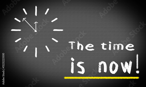 The Time is Now and Move Now. Motivation and deadline concept web vector illustration. Chalk style text and clock drawing on blackboard.
