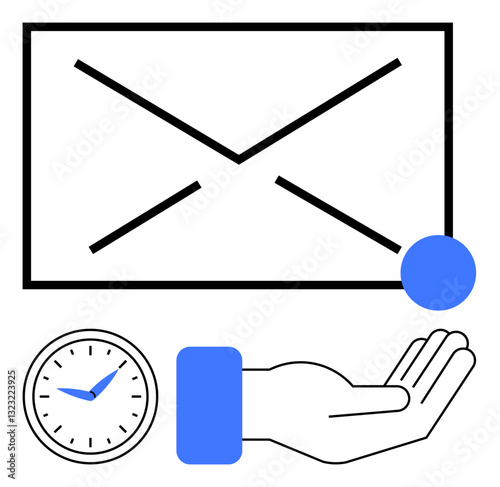 Envelope with a timestamp symbol, hand offering support, and a blue circle. Ideal for communication, time management, email service reliability, customer support, messaging, productivity flat simple