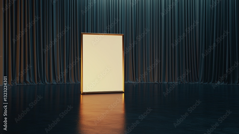 A large blank white poster with a gold frame standing elegantly in front of floor-to-ceiling curtains, illuminated by soft natural light A large blank white poster with a gold frame standing elegantly in front of floor-to-ceiling curtains, illuminated by soft natural light