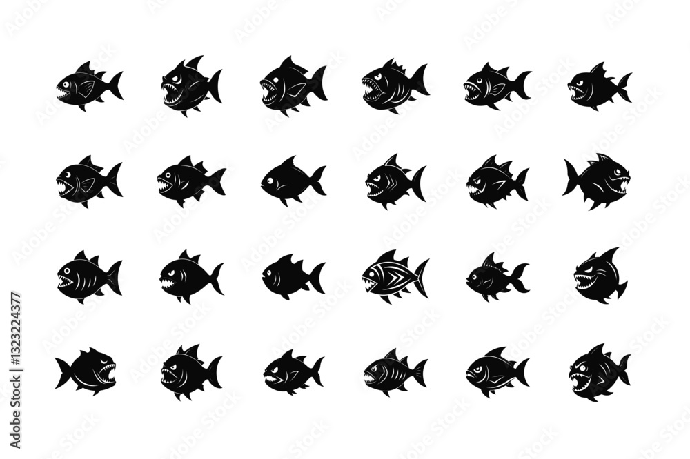 Fototapeta premium Piranha fish silhouette vector Bundle