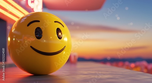 Yellow Smiling Face Character on Concrete Surface with Sunset Sky
