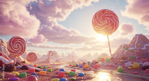 Candyland Sunset: A whimsical digital landscape of giant lollipops, candy mountains, and a sugary stream at sunset.