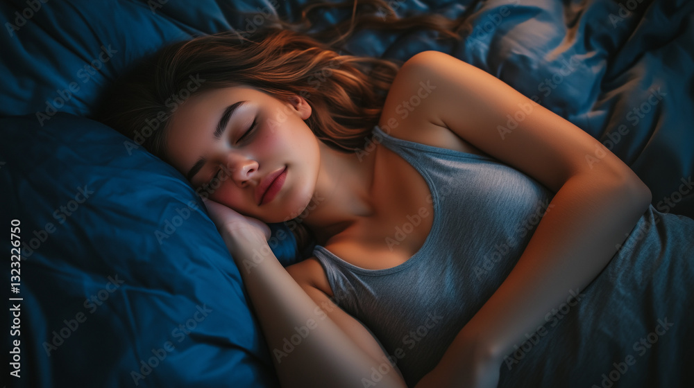 A young woman sleeping peacefully in a dark cozy bedroom. Concept of relaxation and deep sleep. A young woman sleeping peacefully in a dark cozy bedroom. Concept of relaxation and deep sleep.