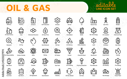 Set of Oil Gas Industry Line Icons. Contains such Icons as Gas Station, Oil Factories, Transportation, and more. line icon set.